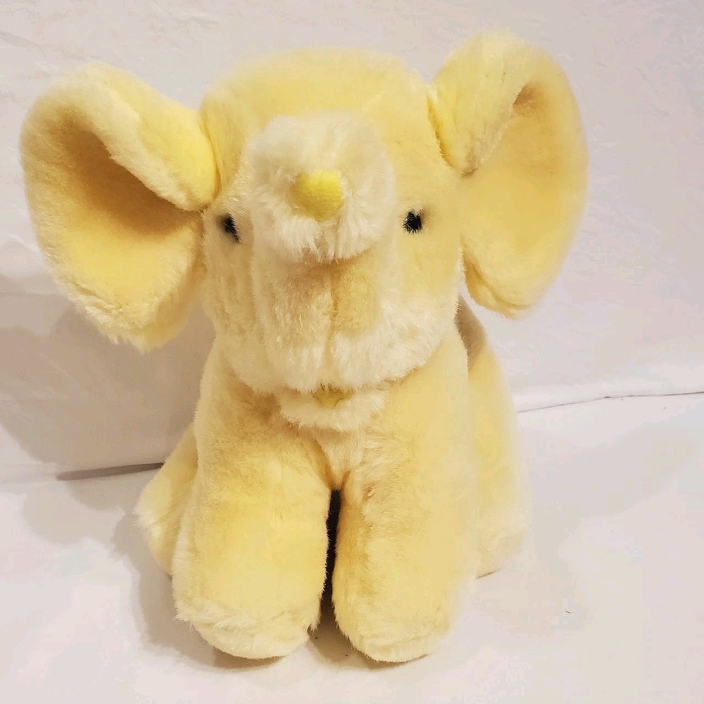 Yellow Plush Elephant Made In Korea 10" Stuffed Sitting Animal Toy Hard Eyes